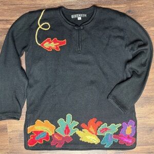 Iscayo Pure Alpaca Black Sweater with Multicolor Leaf Design